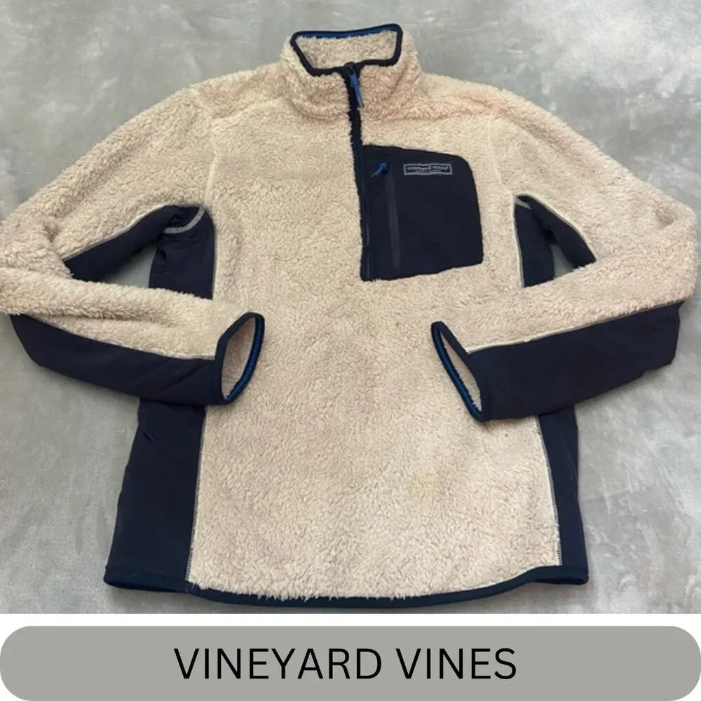 Vineyard Vines Stillwater Sherpa Fleece 1/4 Zip Pullover Cream/Blue- 27346